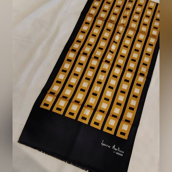 Laura Martino Long Fringe Vintage Silk Scarf Geometric Navy Blue & Gold - Picture 10 of 10